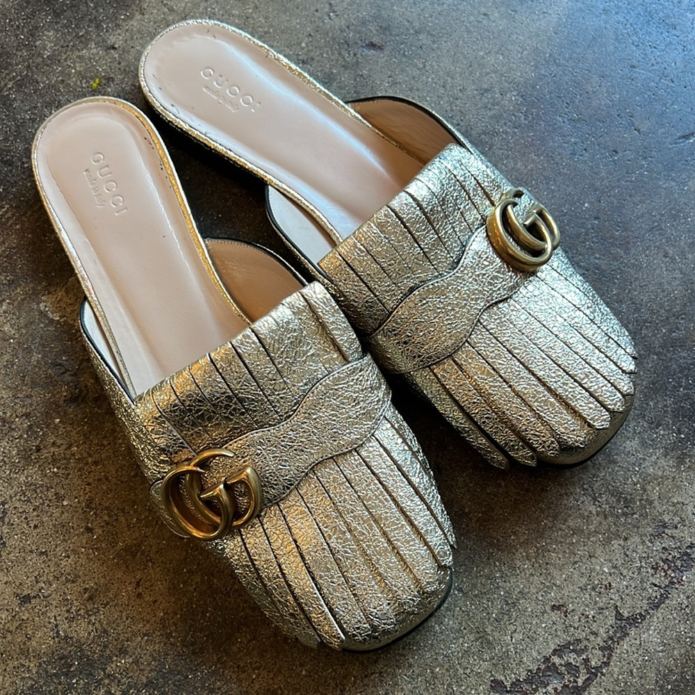 Gucci golden metallic Fringe slide on loafer mules - Picture 11 of 11